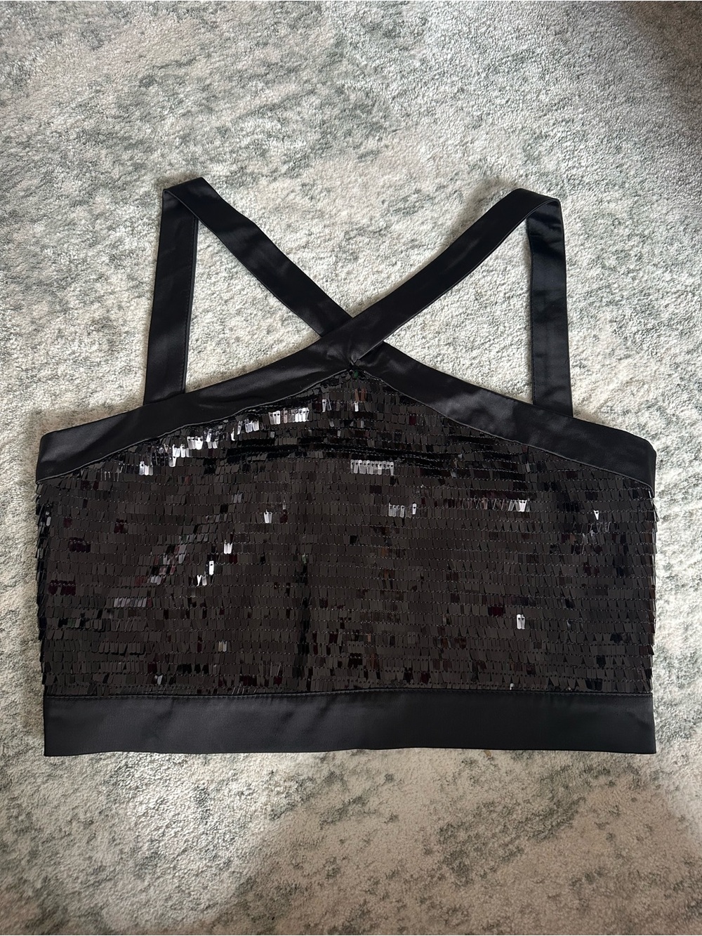 Zara Basic Black Sequin Crop Top Crossback Satin Trim Full Zip Size L